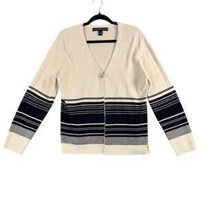 Josephine Chaus Striped Button Front‎ Cardigan Large Neutral Minimalist Classic